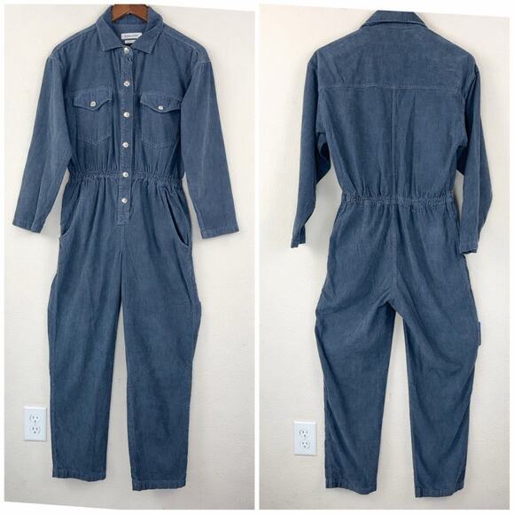 Dusty Blue Pants - Overlover Blue Corduroy Jumpsuit M Elastic Waist Utility Workwear Made USA